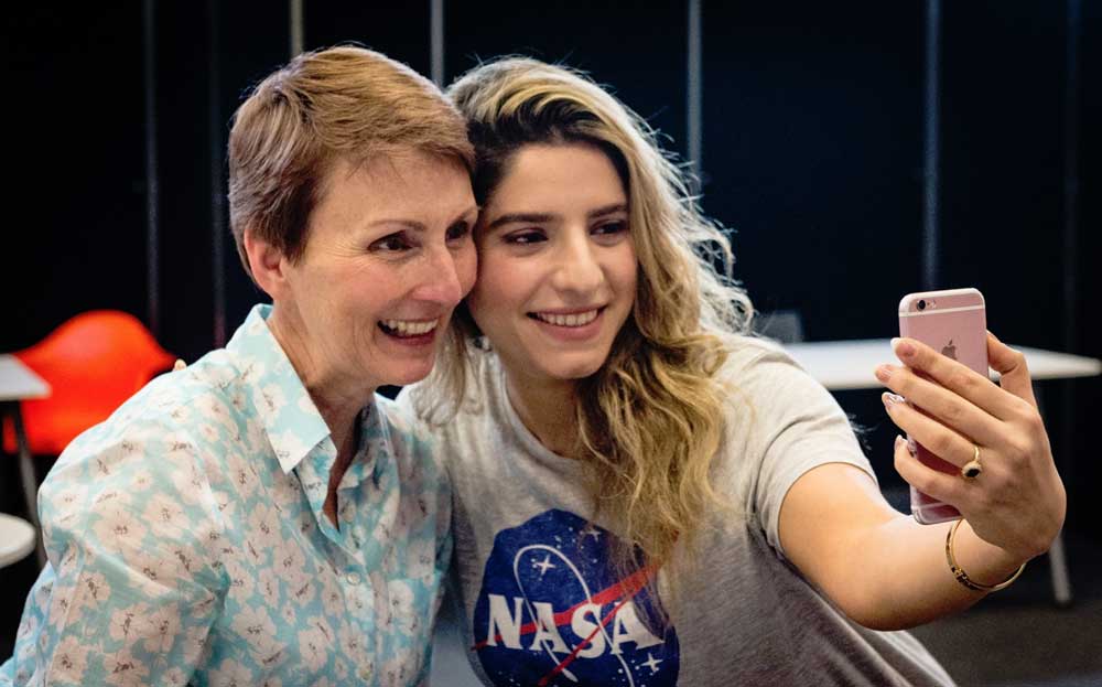 Astronaut Helen Sharman CMG OBE, poses for selfie with fan